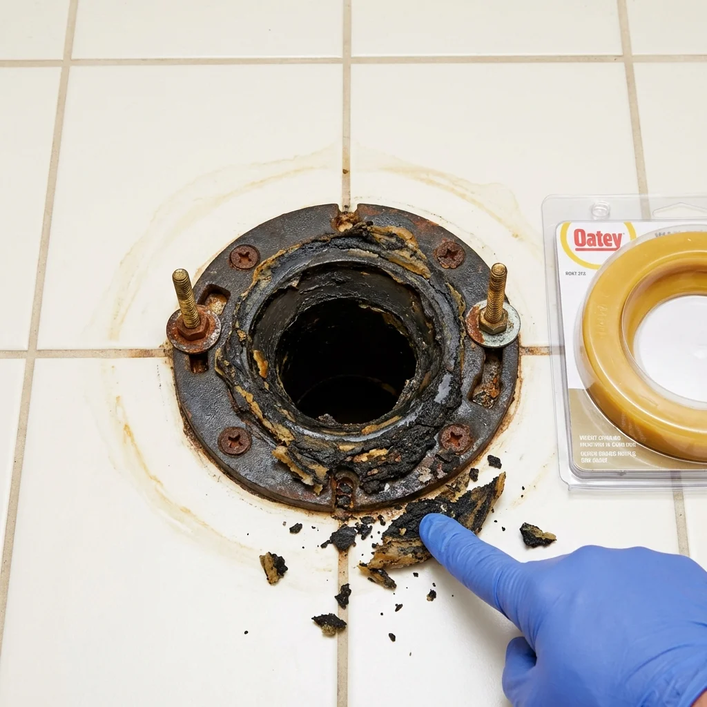 Failed wax ring showing water seepage at the base of a toilet in a Winsted, CT home