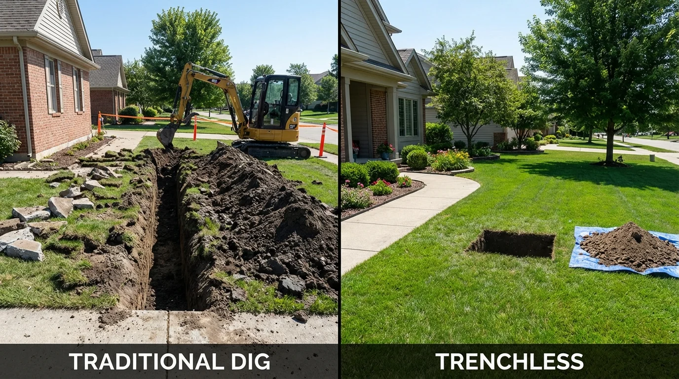 Trenchless sewer repair with minimal yard damage versus traditional excavation in Winsted, CT