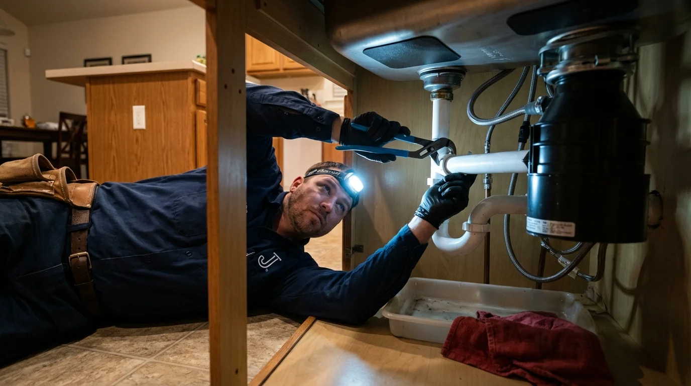 P-trap and supply line connections under a kitchen sink showing a common leak point in Winsted, CT